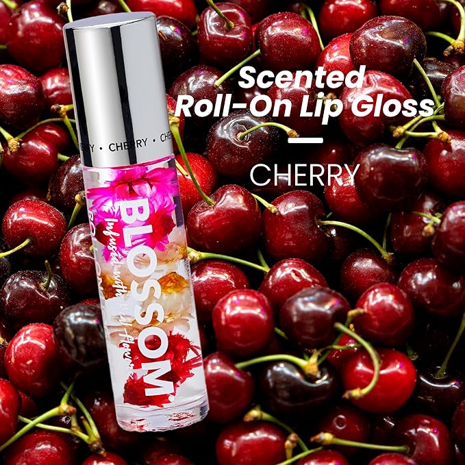 Blossom Roll on Lip Gloss, Scented Clear High Shine Moisturizing Lip Oil, Non Sticky, Infused with Real Flowers, Made in USA, 0.2oz, Cherry