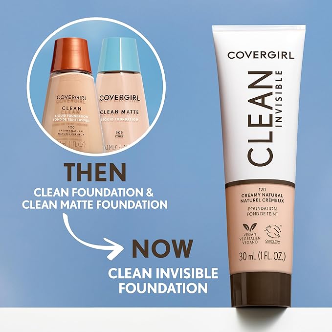 COVERGIRL Clean Invisible Foundation Makeup, Dewy & Glowy Finish, Buildable Coverage, Skin-Like Smooth Look, Vegan, Creamy Natural, 1oz