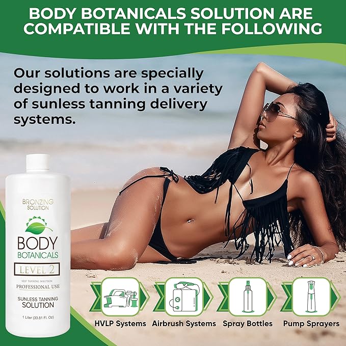 Professional Sunless Tanning Spray Tan Solution, Organic Essential Oils, Airbrush Formula, 33.8 Fl Oz. (Level 2 (10% DHA))