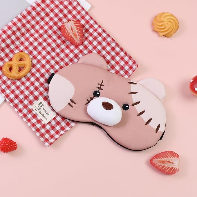 PERFECTSIGHT Sleep Eye Masks, Cute Plush Sleep Eye Cover Lightweight Adjustable Eyeshade Faux Fur Mask Cover for Women Men Kids Sleep Travel Nap, Big Eye Girl, Purple Nose, Brown Pudding Bear