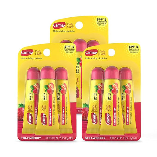 Carmex Daily Care Moisturizing Lip Balm with SPF 15, Strawberry Lip Balm Tubes, 0.35 OZ Each - 3 Count (Pack of 3)