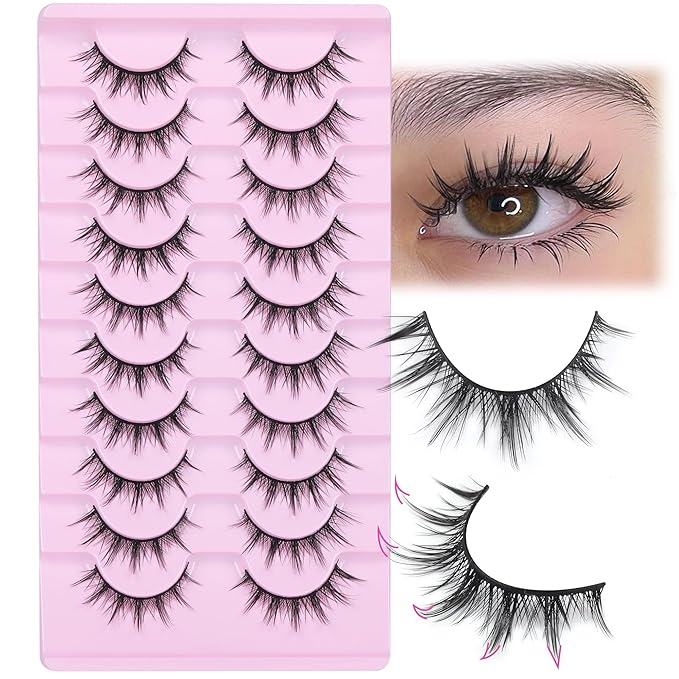 FANXITON Manga Lashes Wispy Natural Look Faux Eyelashes 10 Pairs Asian 3D False Eyelashes 14 mm Cat Eye Lashes Pack