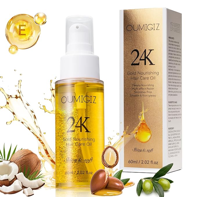 24K Gold Hair Oil, Repair Shine Serum with Coconut, Argan & Olive Oils - Heat Protectant and Frizz Control - Vegan, Lightweight Leave-In Treatment for Dry Damaged Hair (2.02 Fl Oz (Pack of 1))