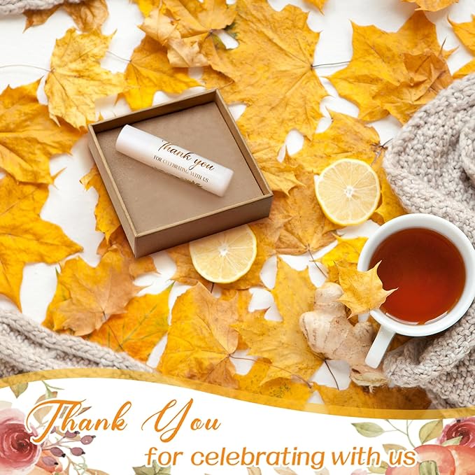 Dunzy 50 Pcs Thank You Gift Lip Balm Bulk Baby Shower Party Favors Bridal Shower Favor Lip Care with Assorted Fruit Flavors Thank You Lipstick for Guest Basket Gift Stuffer (Pumpkin)