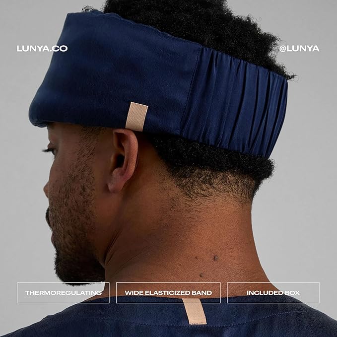 Lunya Sleep Mask with Box - Washable Silk Sleeping Mask and Headband for Beauty Routines - Thermoregulating Comfort for Restful Nights - Silk Eye Mask for Women - Large - Deep Blue
