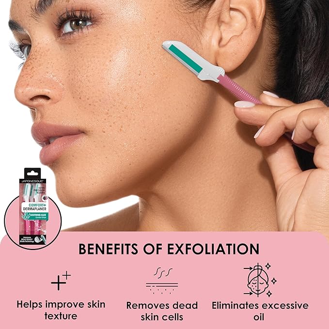 JAPONESQUE Dermaplaner with Soothing Aloe Comfort Strip - Skin Tool with Ultra Precision Blade for Facial Hair Removal and Exfoliation, 3pk.