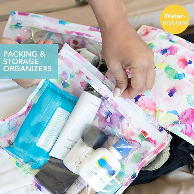 Bumkins Travel Bag, Toiletry, TSA Approved Pouch, Zip Bag, Quart Size Airline Compliant, Clear-Sided, Baby, Diaper Bag Organization, Makeup, Accessories, Packing, Set of 3 Sizes, Watercolors Floral