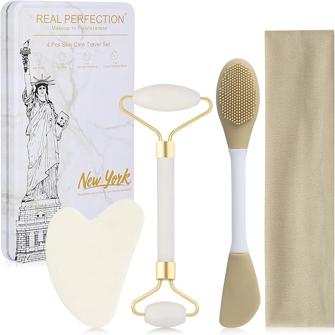 Real Perfection Gua Sha Facial Tools Face Roller for Wrinkles Jade Roller and Gua Sha Set, Scrubber Pore Brush Headband Skin Care Tools for Travel Skincare Routine Massaging Reducing Puffiness - White