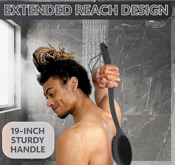 Avilana Silicone Body Scrubber – Gentle Shower Brush & Loofah Alternative- Food Grade & Lab Tested – Fast-Drying, Hygienic, BPA-Free Silicone Body Gentle Exfoliator (Dark Gray, Long Handle)