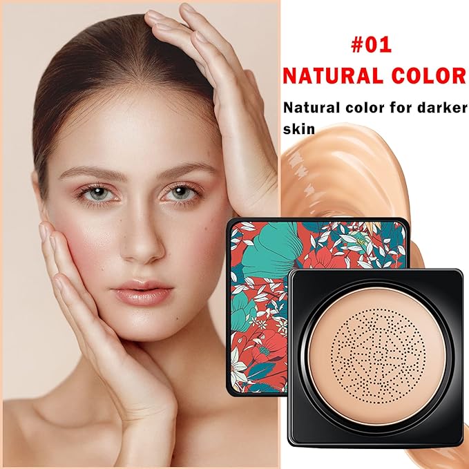Mushroom Head Air Cushion CC Cream BB Cream Foundation Face Makeup,Full Coverage Foundation Moisturizing Concealer Makeup Base,Long Lasting Cushion Foundation with Mushroom Makeup Sponge (Natural)