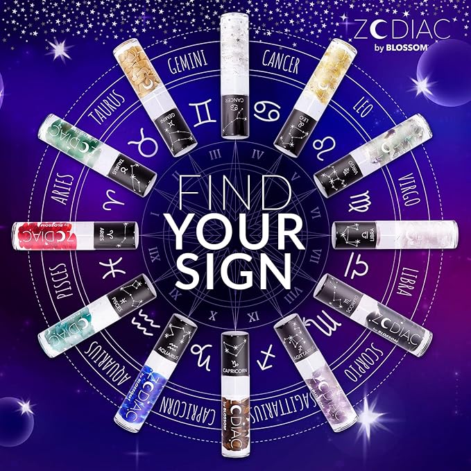 Blossom Zodiac Sign Vanilla Scented Moisturizing Roll-On Lip Gloss with Crystals + pH Technology Color Changing Crystal Strawberry Scented Lip Balm, 2 Pack Bundle, Taurus/Turquoise