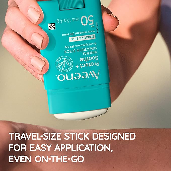 Aveeno Protect + Soothe Mineral Sunscreen Stick for Sensitive Skin, SPF 50, Water-Resistant for 80 minutes, Face & Body Sunscreen with Zinc Oxide & Oat, Fragrance-Free, Travel Size, 1.5 OZ