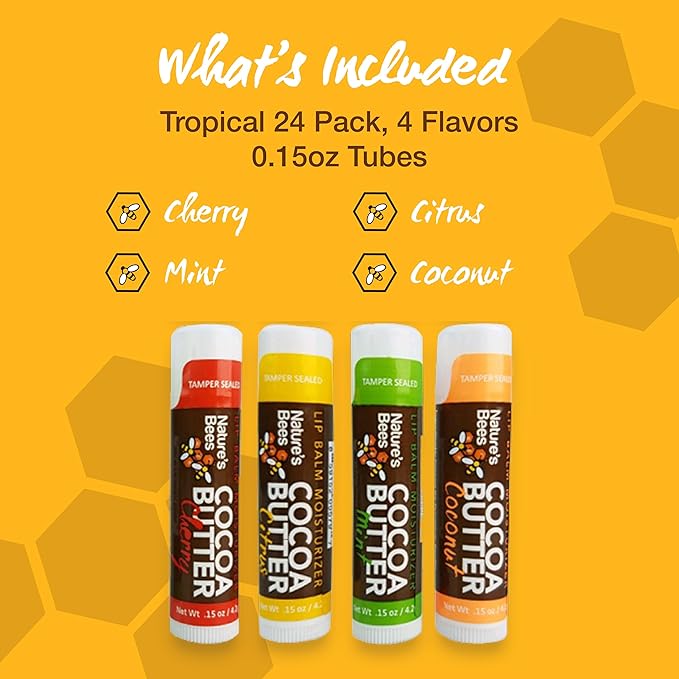 Nature's Bees - Cocoa Butter Lip Balm Moisturizer - Tropical 24 Pack, 4 Flavors - Citrus, Coconut, Cherry, & Mint - Made w/Coconut Oil, Beeswax, Vitamin E, Aloe, Shea Butter - 0.15oz (4.2g)