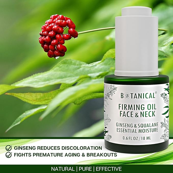 Botanical Face & Neck Firming Oil | Anti-Wrinkle Ginseng & Squalane Serum w/Gua Sha Lift Scraper | Organic, Pure, Natural Skincare (0.6 fl oz | 18 ml)