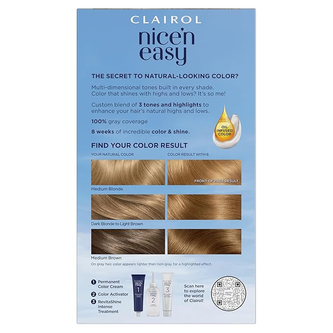 Clairol Nice'n Easy Permanent Hair Dye, 8 Medium Blonde Hair Color, Pack of 1