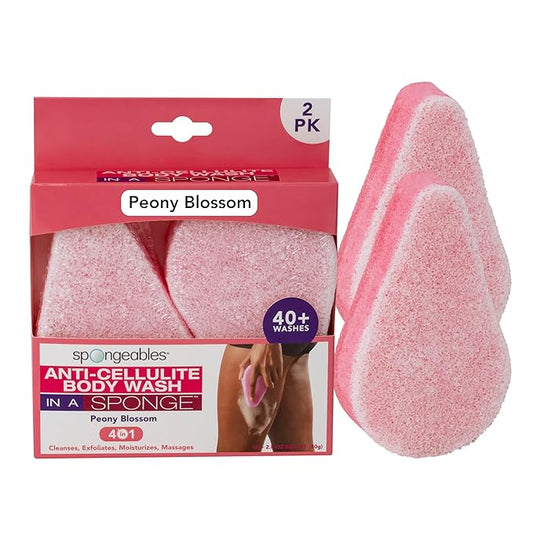Spongeables Anti-Cellulite Body Wash in a Sponge, Moisturizer and Exfoliator, 20+ Washes, Peony Blossom, 2 Count