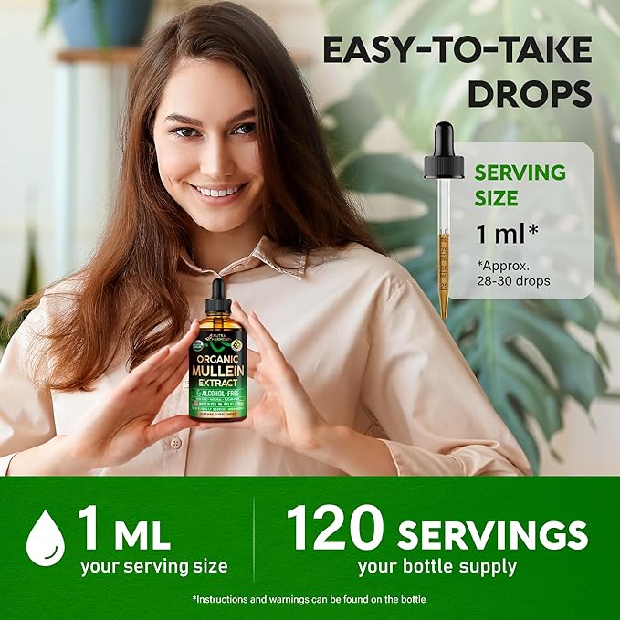 Mullein Drops for Lungs - USDA Organic Liquid - Mullein Leaf Extract Supplement - Made in USA - Lung & Bronchial Cleanse for Smokers - Respiratory Health Support - As Tincture, Tea, Pills - 4 fl oz