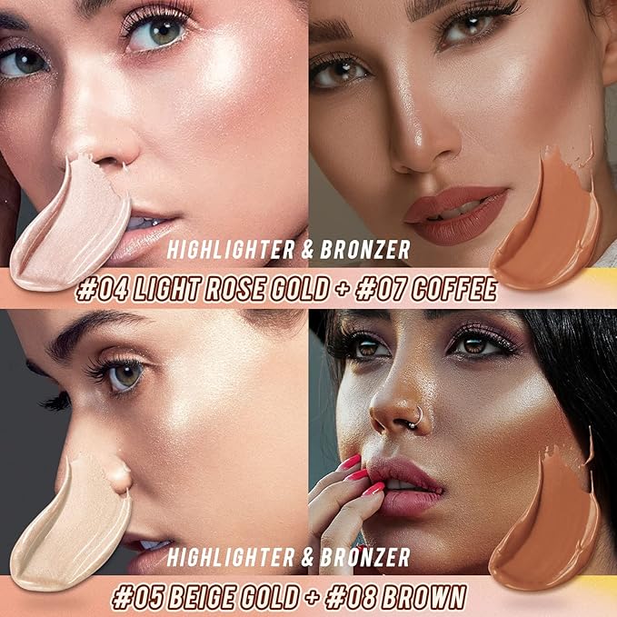 2 Pcs Cream Contour Stick Makeup Kit, Cream Highlighter Stick & Contour Bronzer Stick for Cheeks, Lightweight Blendable Smooth -Highlighter & Bronzer (#04 Light Rose Gold #07 Coffee)