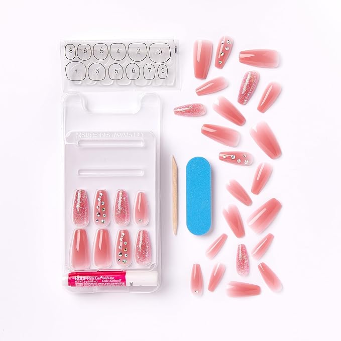 KISS Jelly Fantasy On-Trend Translucent Nails, Long Sculpted Glue-On Fake Nails Kit, Style “Be Jelly”, with Pink Gel Nail Glue, Mini Nail File, Manicure Stick, & 28 Glue On Nails
