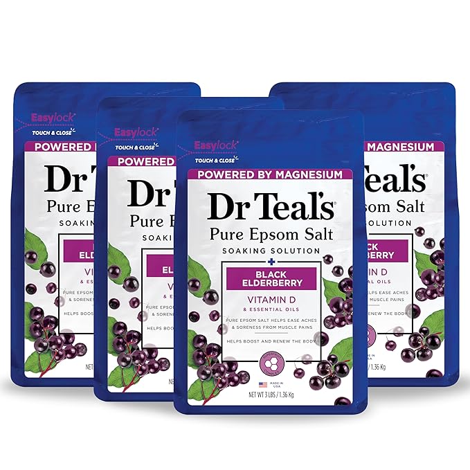 Dr Teal's Epsom Salt Magnesium Soak, Black Elderberry with Vitamin D, 3 lbs (Pack of 4)