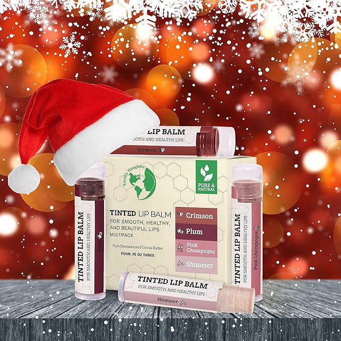 Tinted Lip Balm by Earth’s Daughter – 4 Pack of Assorted Colors – Beeswax, Coconut Oil, Cocoa Butter, Vitamin E – Moisturize and Beautify – Paraben Free