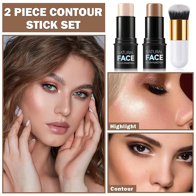 Bronzer Stick Highlighter Stick Cream Contour Stick Makeup,2PCS Beginner-Light Medium