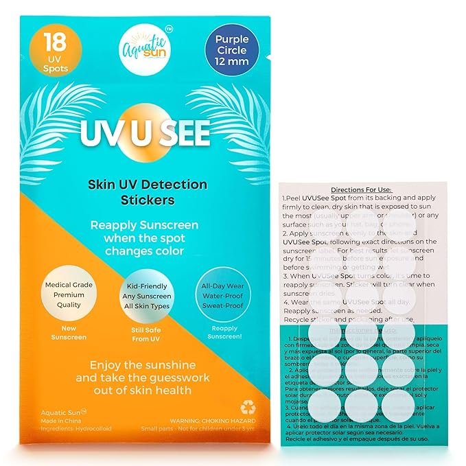 UV Stickers for Sunscreen Reapplication to Avoid Burns - Sunscreen Reminder Stickers You Can Wear All Day - Sweat & Waterproof UV Activated Sunscreen Stickers - Aquatic Sun UV Sticker to Protect Skin
