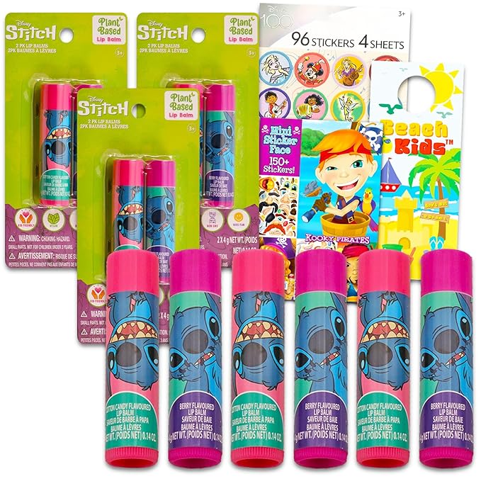 Stitch Lip Balm Tube Bundle for Girls – 6 Pack of Stitch Lip Balm in Assorted Flavors Plus Stickers, More | Stitch Party Favors