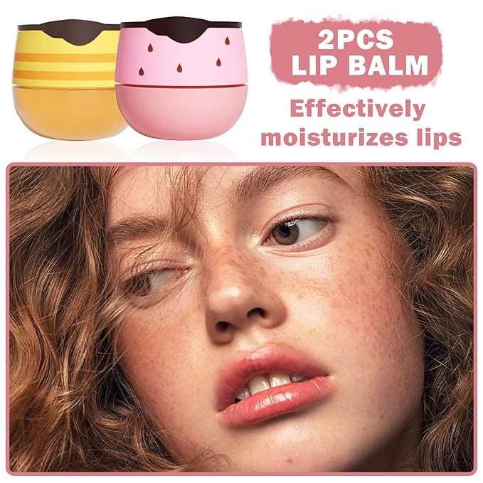 2PCS Bee Lip Balm Honey Pot,Honey Balm（Honey+Strawberry）