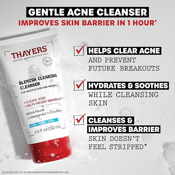 THAYERS Blemish Clearing Face Cleanser with 1.5% Salicylic Acid, Acne Treatment Face Wash, Soothing and Non-Stripping Skin Care, 4.4 Fl Oz