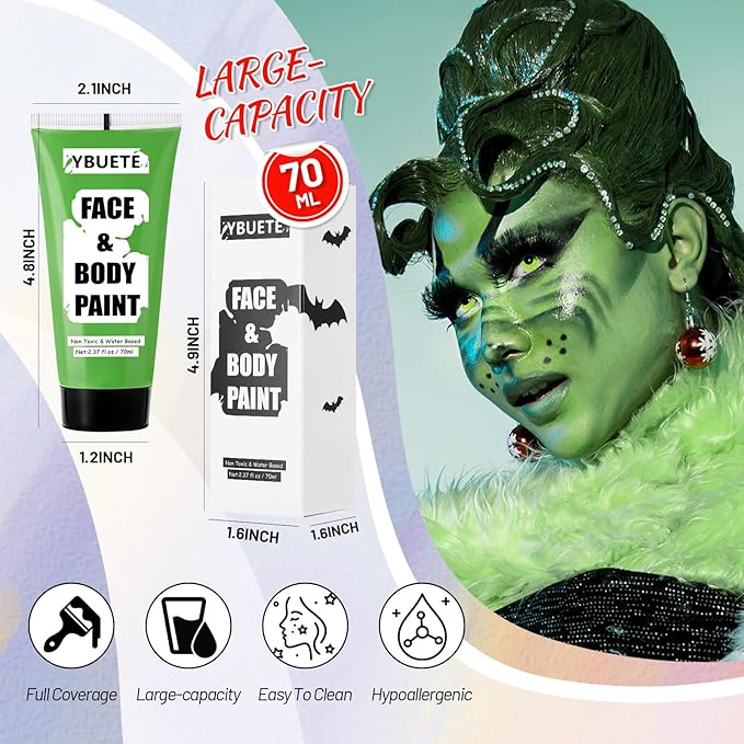 Light Green Water Based Face Body Paint for St. Patrick’s Day,2.37 OZ Large Tube Full Coverage Face Paint for Cosplay Monster Hulk Witch,Washable Green Body Painting Adult Halloween SFX Makeup
