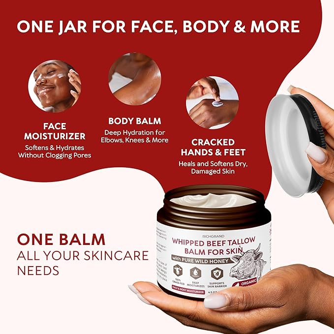 Beef Tallow for Skin - Whipped Grass-Fed Moisturizer with Wild Honey & Beeswax, Natural Face & Body Care, Deep Hydration, Anti-Aging, Sensitive Skin Safe, 100% Organic Balm