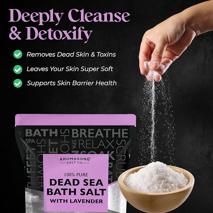 Aromasong Pure Dead Sea Salt for Soaking with 100% Natural Lavender, 5 LB - Spa Bath Salt Fine Grain - Body Wash Scrub - Soak for Women & Men- Bulk Resealable Pack (Packaging May Vary)