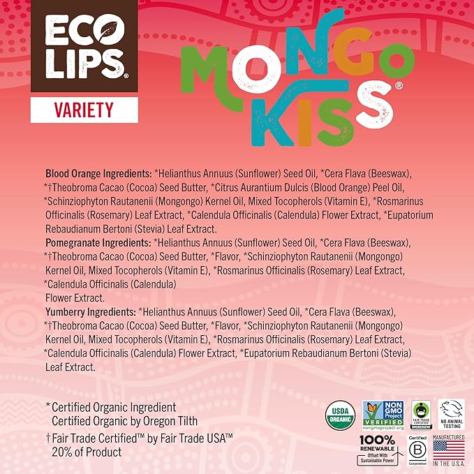 Mongo Kiss Organic Lip Balm 6-Pack by Eco Lips 100% Organic Beeswax & Cocoa Butter Lip Care with Mongongo Oil - Soothe & Moisturize Dry & Cracked Lips - Made in USA. (Pomegranate, Yumberry, Blood Oran