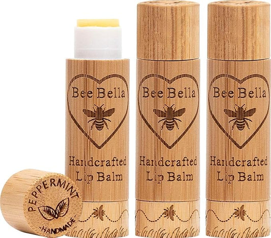 Bee Bella Lip Balm, Peppermint, 3 Pack - Hydrating, Moisturizing Lip Care, 100% Natural, Original Organic Beeswax with Vitamin E, Handmade in USA