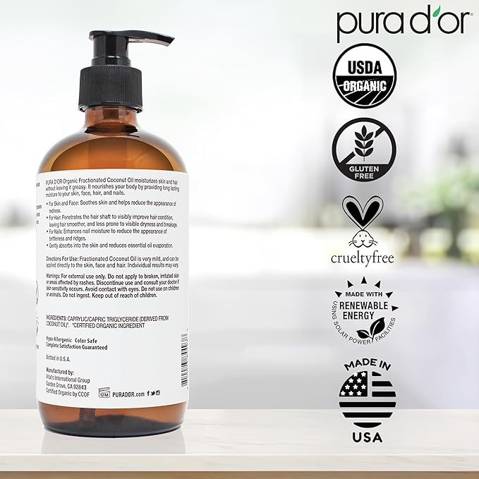 PURA D'OR 16.9 Oz ORGANIC Fractionated Coconut Oil MCT Oil (GLASS BOTTLE) 100% Pure & Natural USDA Certified Cold Pressed - Unscented, Hexane Free Moisturizer For Face, Skin & Hair Tonic - Men & Women