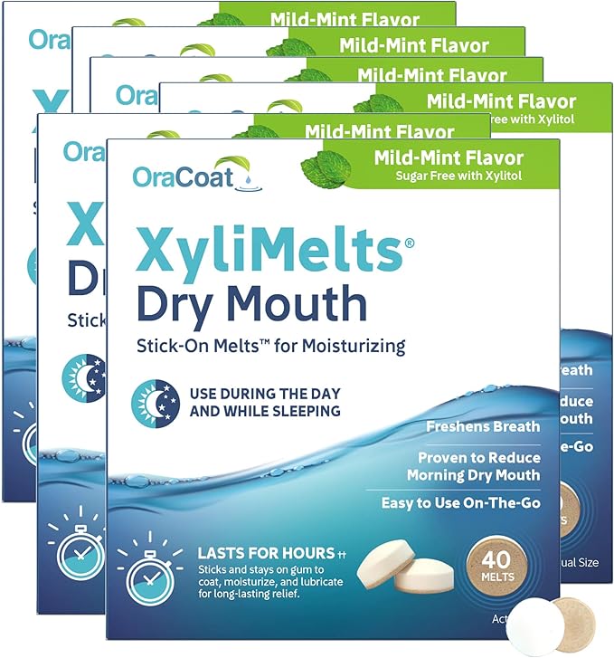 Oracoat XyliMelts for Dry Mouth Night Time or Day - Moisturizing Dry Mouth Adhering Discs, Sugar Free with Xylitol, 40 Count - 6 Pack, Mild Mint Flavor, 8-Hour Relief