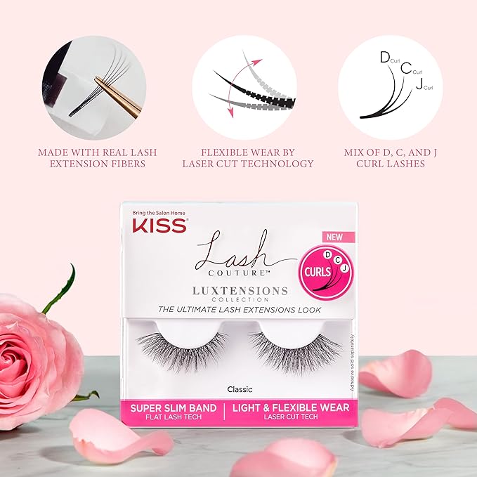 KISS Lash Couture LuXtensions Collection False Eyelashes, Flat Lash Technology, Super Slim Lash Band, Real Lash Extension Fibers, Reusable, Contact Lens Friendly Strip Lashes, Style Classic, 1 Pair