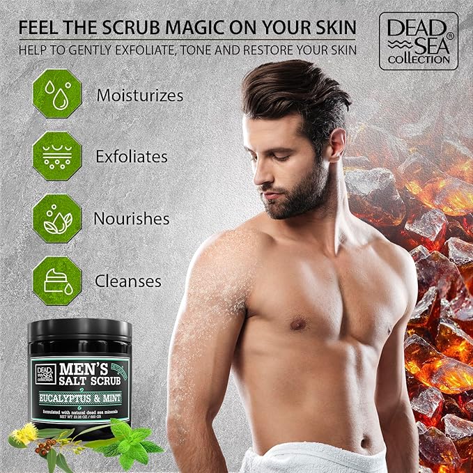 Salt Body Scrub Eucalyptus & Mint For Men– Moisturizes, Exfoliates & Nourishes Skin – Cleanses & Detoxifies with Dead Sea Minerals – Dead Sea Collection - 23.28 OZ