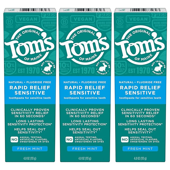 Tom's of Maine Fluoride-Free Rapid Relief Sensitive Toothpaste, Fresh Mint, 4 oz. 3-Pack (Packaging May Vary)
