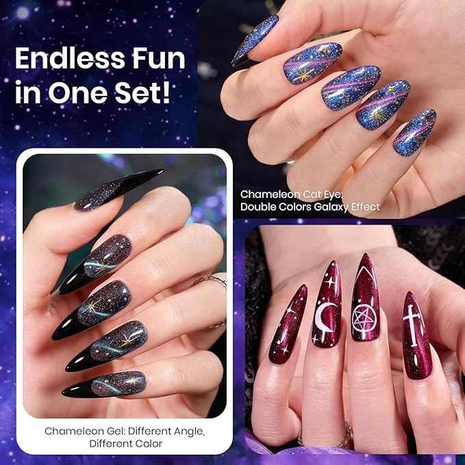 Beetles Cat Eye Gel Polish - Milky Way 6 Colors Gel Polish Set, Black Purple Blue Temperature Changing Glitter Nails, Halloween Galaxy Nails Kit with Magnet Stick Soak Off Uv Lamp Gel