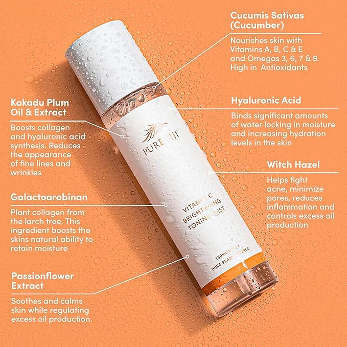 Pure Fiji Face Toner Mist with Vitamin C for Brightening & Refreshing Antioxidant Face Mist Hydrating Spray Helps Even Skin, Smooths Fine Lines and Wrinkles (4.4oz/130ml)