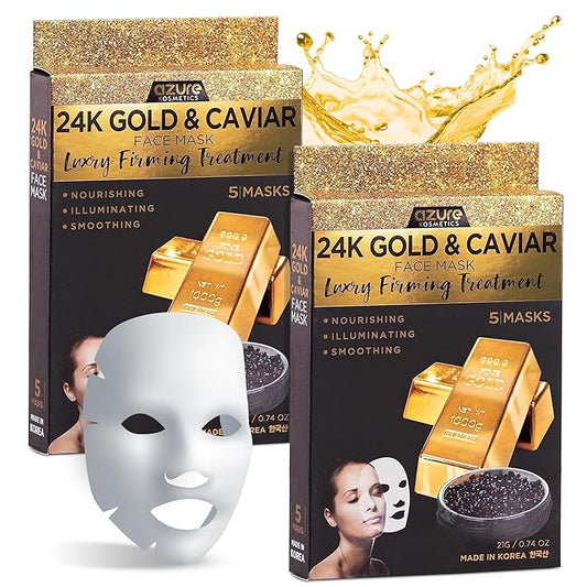 AZURE 24K Gold and Caviar Anti Aging Luxury Face Mask - Hydrating & Firming Facial Mask - Helps Reduce Wrinkles & Fine Lines with Hyaluronic Acid & Collagen - Skin Care Made in Korea - Pack of 10