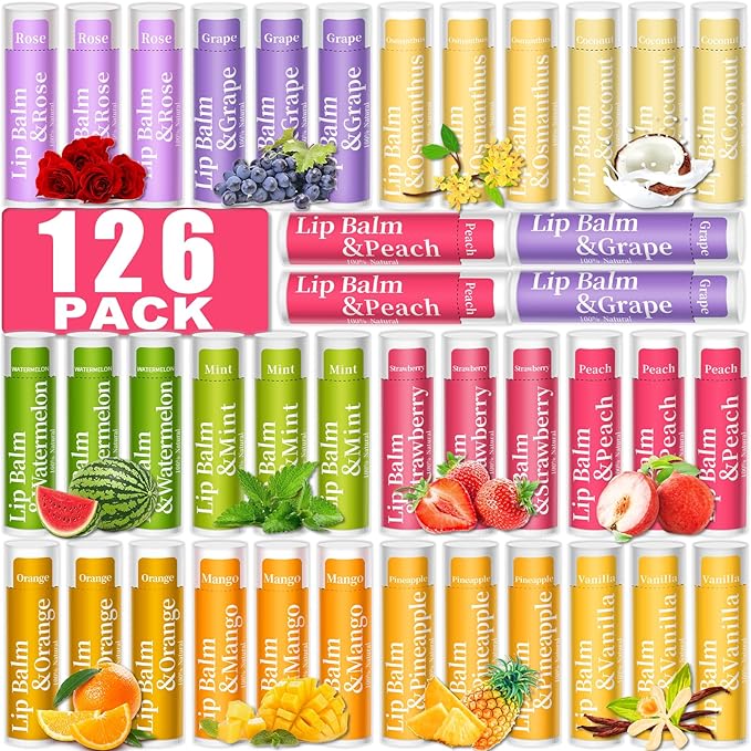 126 Pcs Lip Balm Bulk, 12 Flavored Pack of Lip Balms Natural Lip Balm Pack Moisturising Organic Lip Balm Set for Cracked Lips, Bulk Gifts Stocking Stuffers Party Favors(4.2g/0.15oz)
