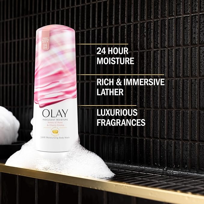 Olay Body Wash for Women, Indulgent Moisture, 24hr Moisturizing & Nourishing Formula, Infused with Vitamin B3 Complex, Luxurious Fragrances, Rose & Cherry Creme Scent, 20 fl oz