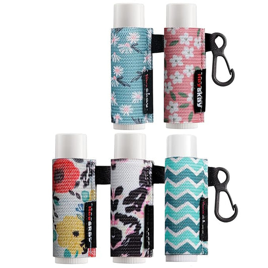 5pcs Lip Balm Holder Keychain Lipstick Sleeves Chapstick Lip Gloss Holder Keychain Elastic Sleeves for Men Women(Wave/Flower/Leo)