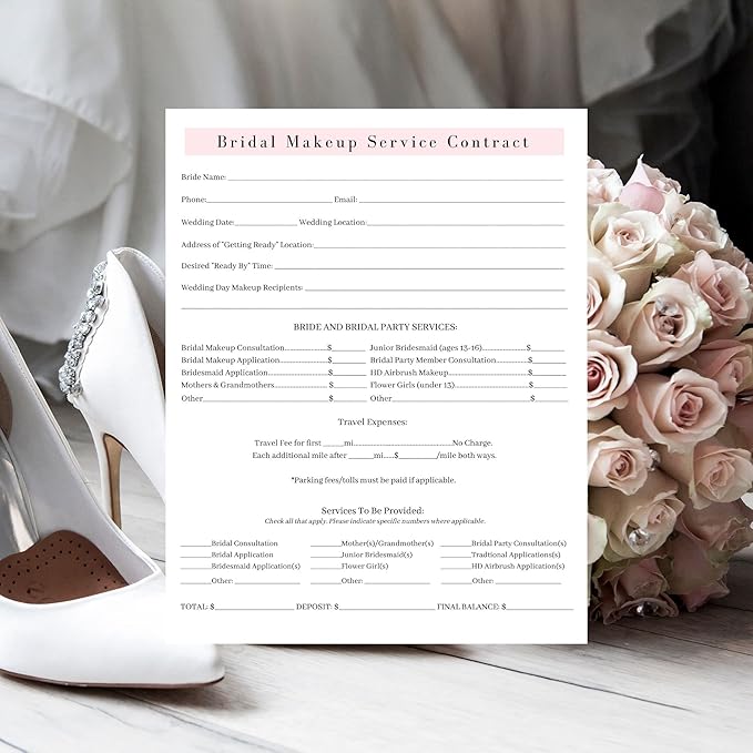 Bridal Makeup Service Contract | 100 Pack | 8.5 x 11" A1 Forms | Makeup Artist Supplies | Bridal Contract | White and Pink Forms
