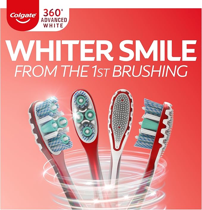 Colgate 360 Advanced Optic White Whitening Toothbrush with Tongue Cleaner, Soft, 4 Count