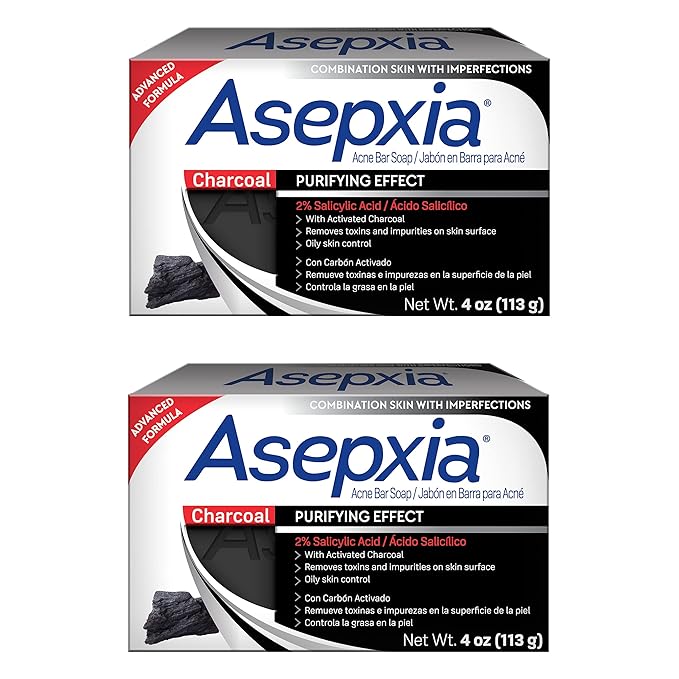 Asepxia with Activated Charcoal Purifying Effect Acne Treatment Bar Soap with Salicylic Acid, 4 Ounce (Pack of 2)