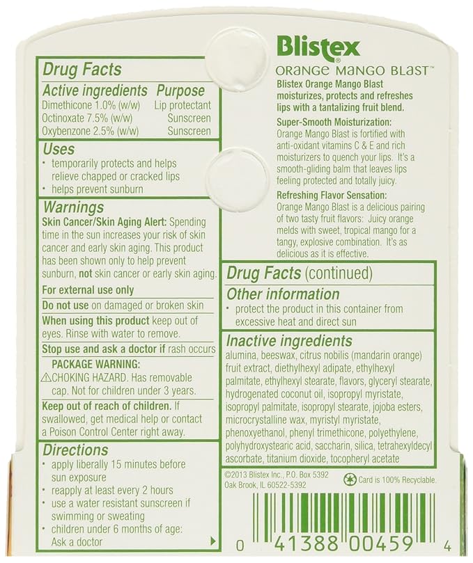 Blistex Lip Protectant SPF 15 Orange Mango Blast.15 oz (Pack of 6)